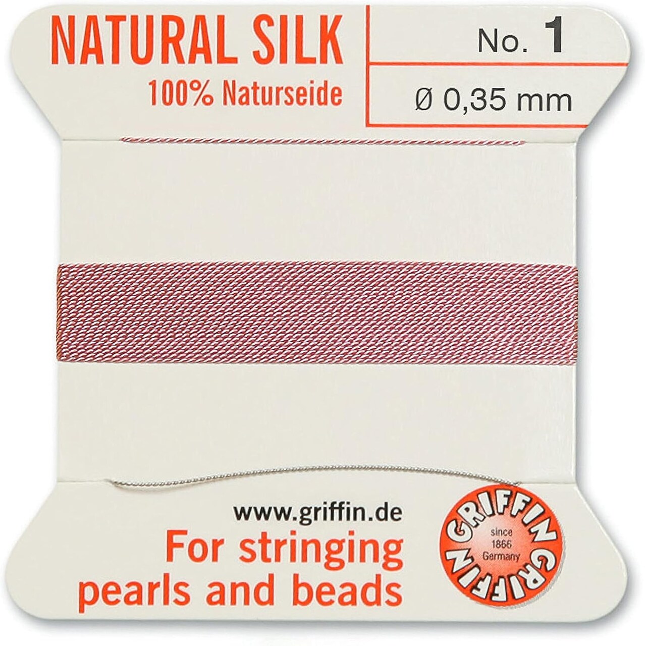 Griffin Silk Bead Cord Perlseide – Size 1 (0.35mm) – 2 Meters per Card – Stainless Steel Needle Attached – for Knotting Pearls, Gemstones, Crystals and Beads